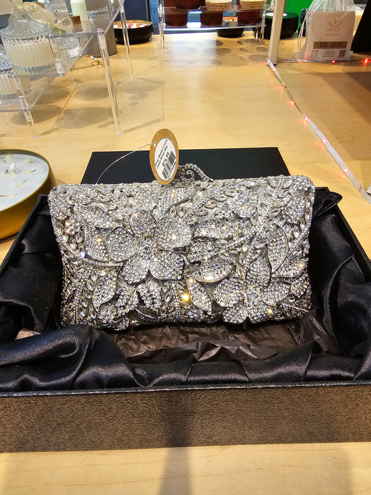 Silver Flower Stones Luxury Clutch Bridal Bag