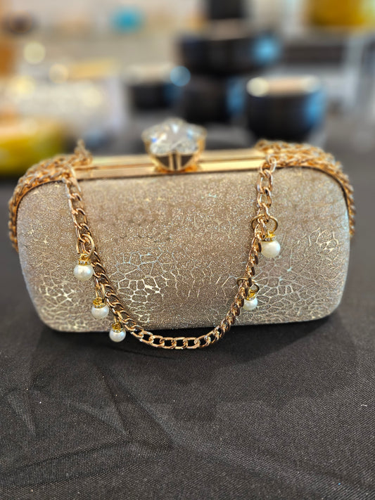 Gold Flowered Gem Evening Bag with chain - Clutch