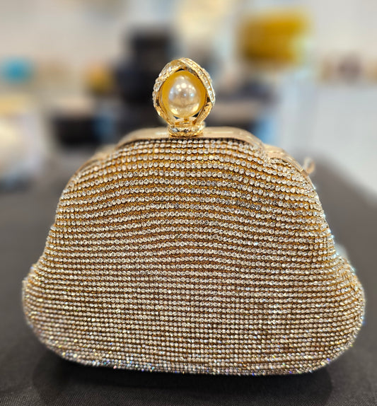 Gold Pearl Ring Evening Bag - Clutch