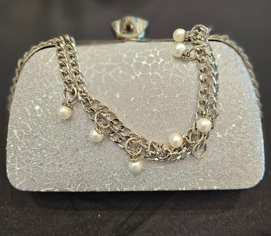 Silver Flowered Gem Evening Bag with chain - Clutch