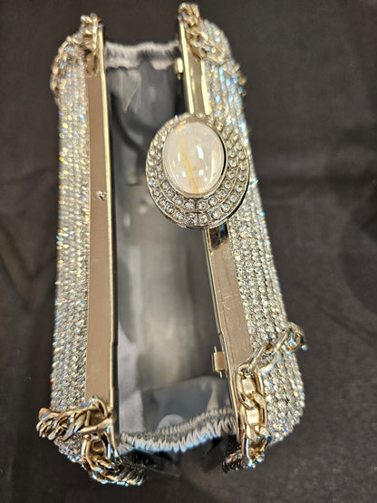 Silver Stone Ring Evening Bag with Chain - Clutch