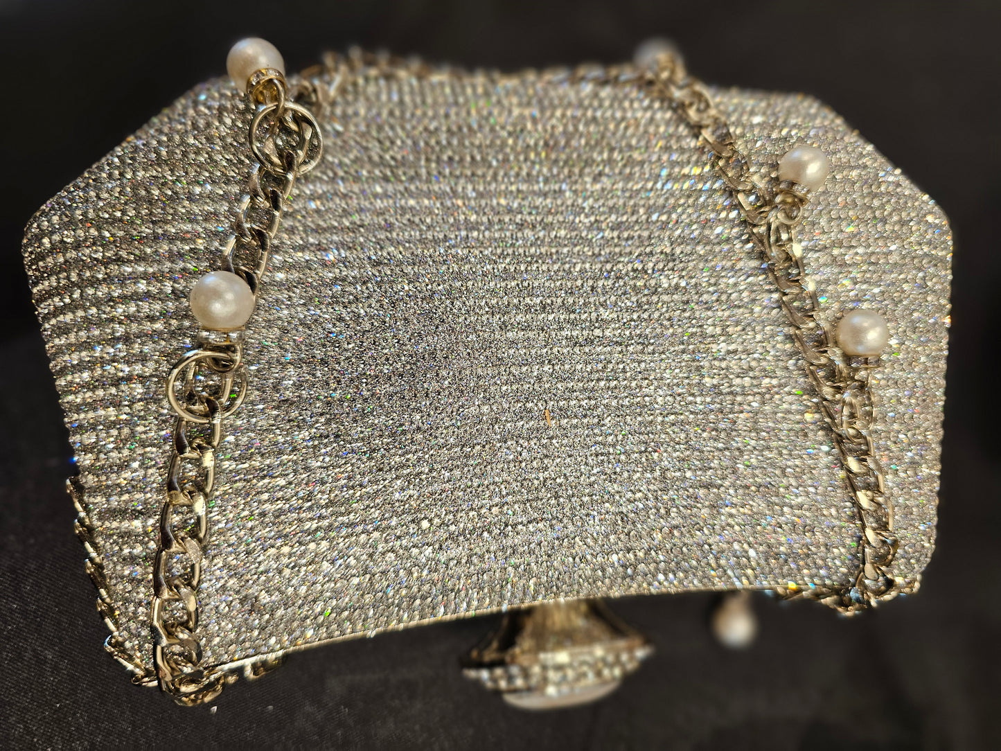 Silver Stone Ring Evening Bag with Chain - Clutch