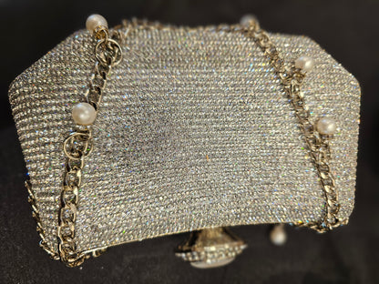 Silver Stone Ring Evening Bag with Chain - Clutch