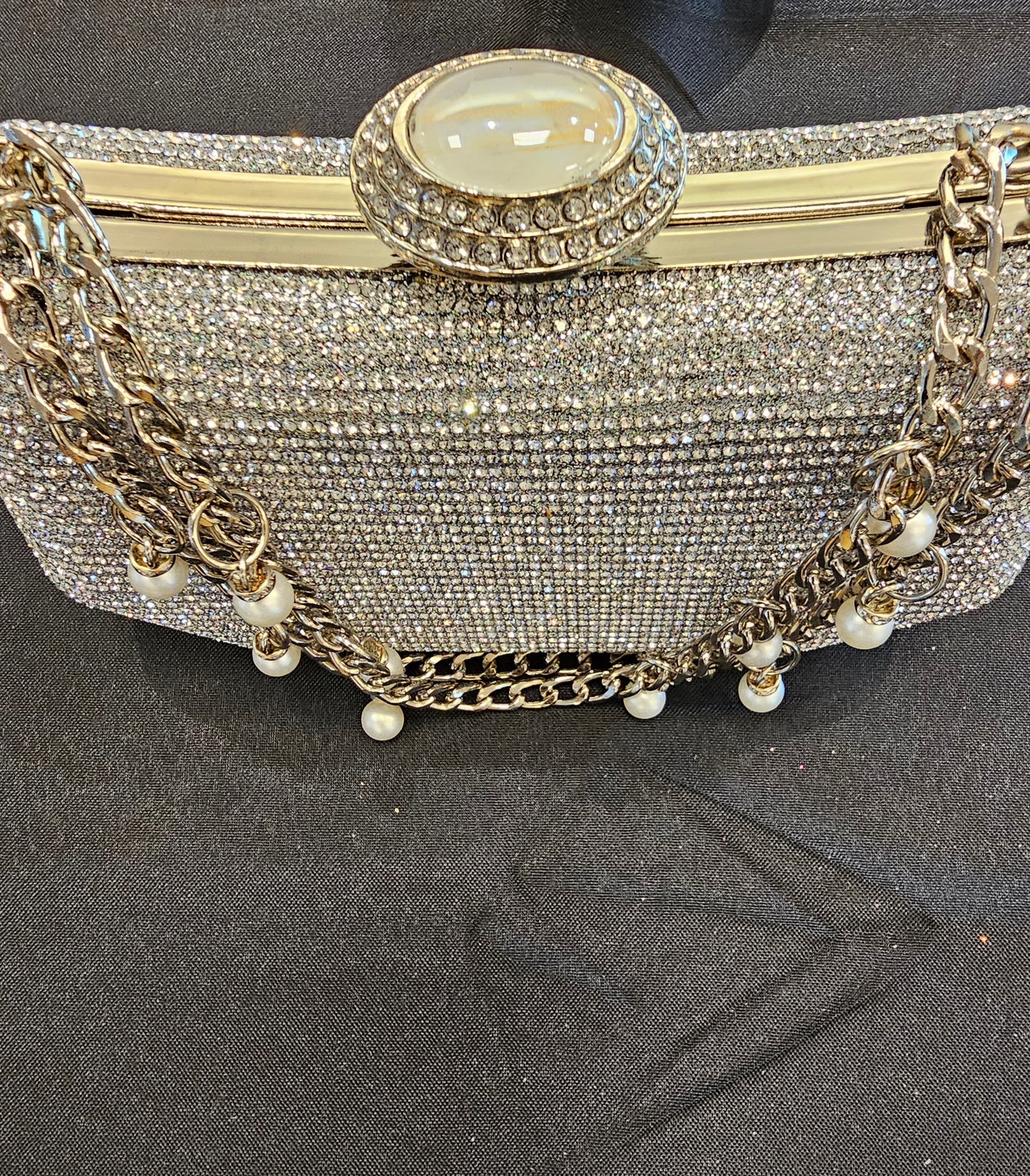 Silver Stone Ring Evening Bag with Chain - Clutch