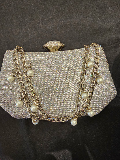 Silver Stone Ring Evening Bag with Chain - Clutch