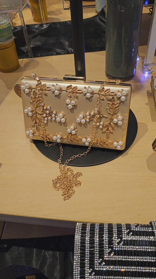 Golden Pearl Beaded Evening Clutch Bag